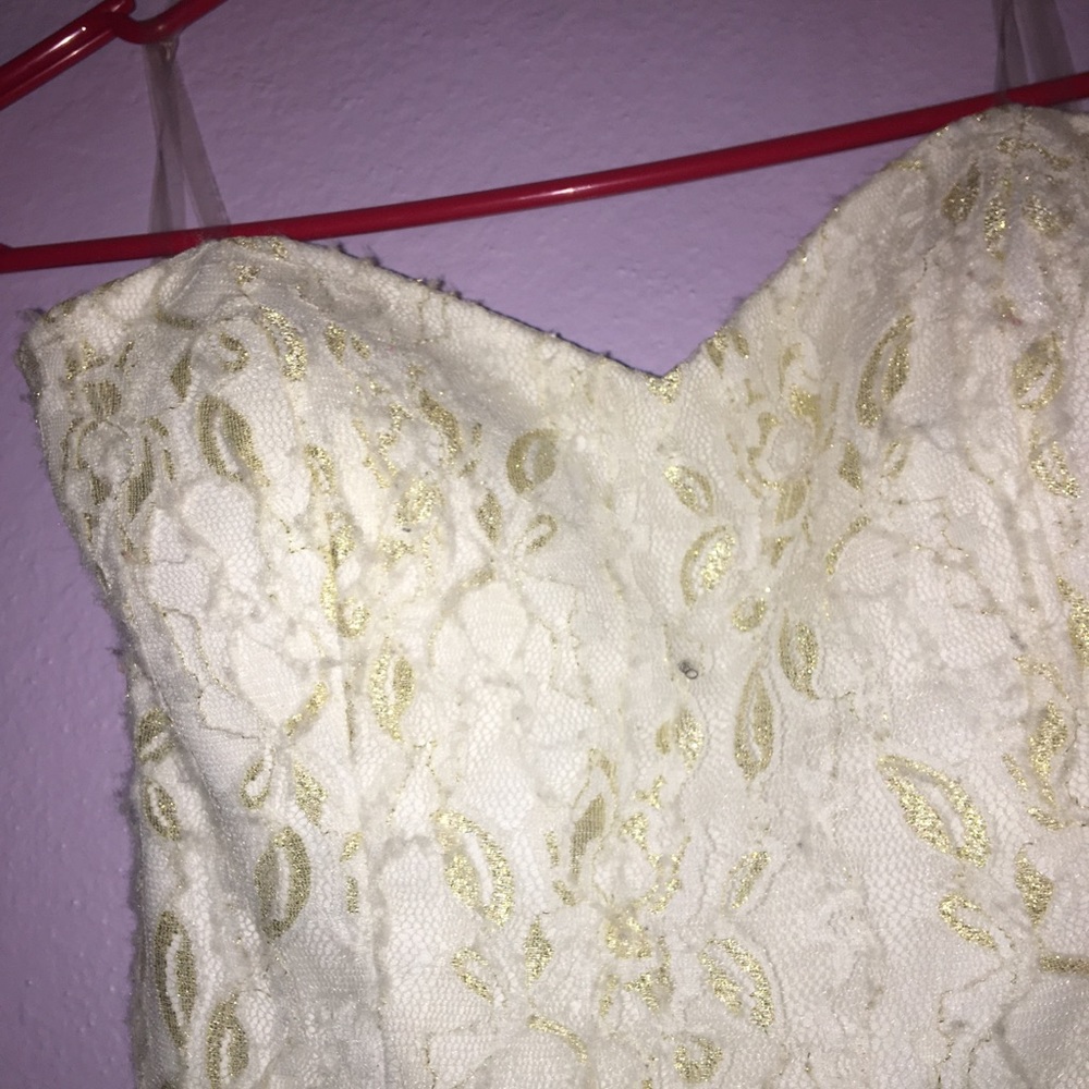 White & Gold Lace Strapless HoCo Dress